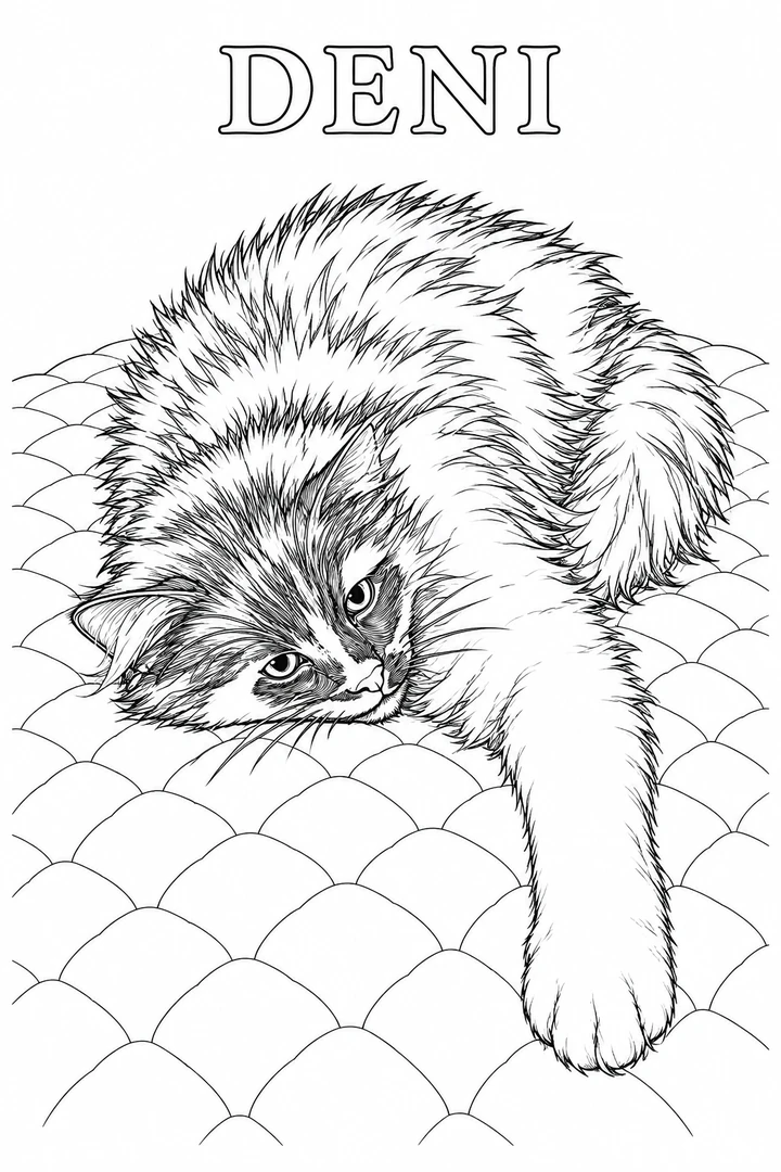 Sample coloring page of Deni in the same resting pose, drawn with black outlines and open areas to color.