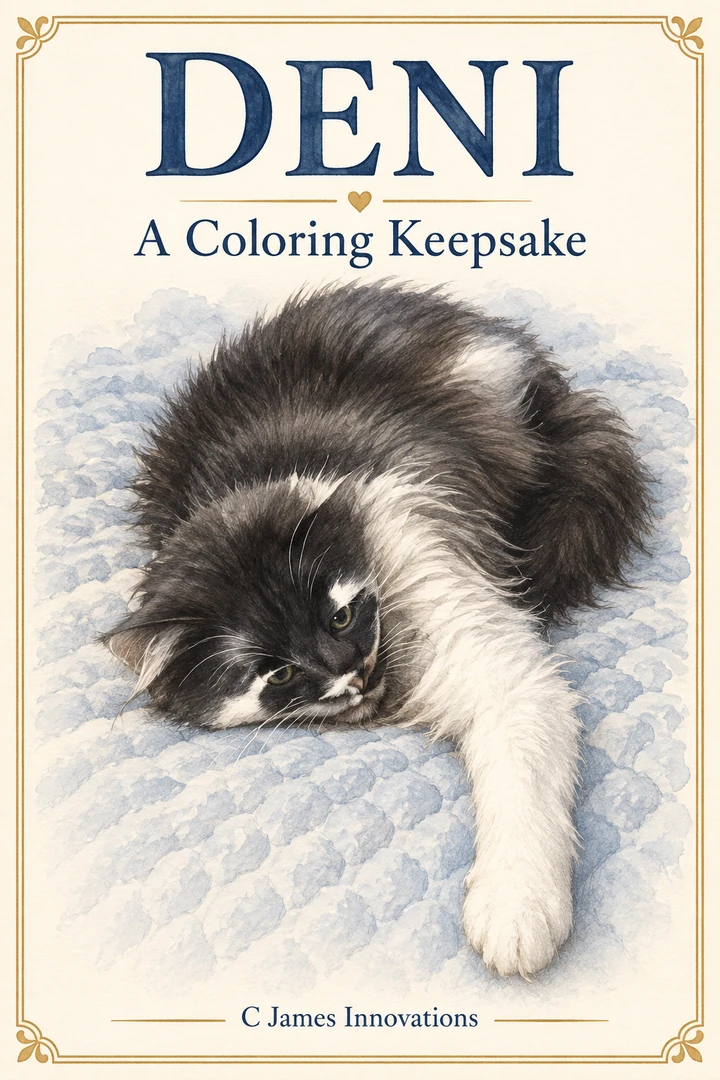 Sample Deni: A Coloring Keepsake cover, showing Chris’s fluffy black-and-white cat resting with one white paw stretched forward.